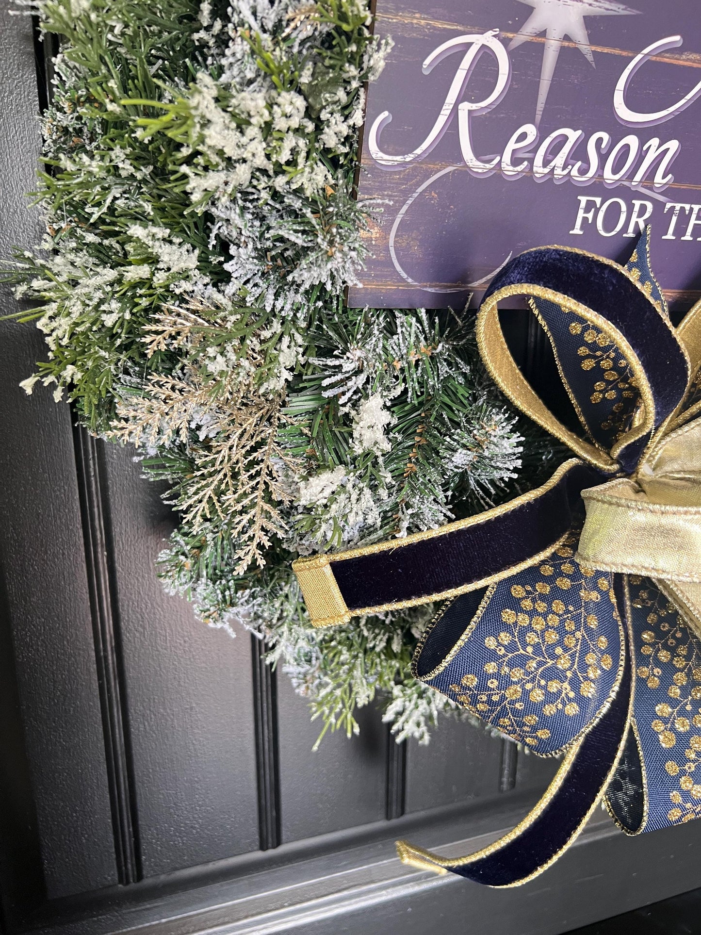 Christian Christmas Wreath, Jesus Is the Reason Wreath, Navy Gold Flocked Evergreen Door Decor, Religious Holiday Wreath