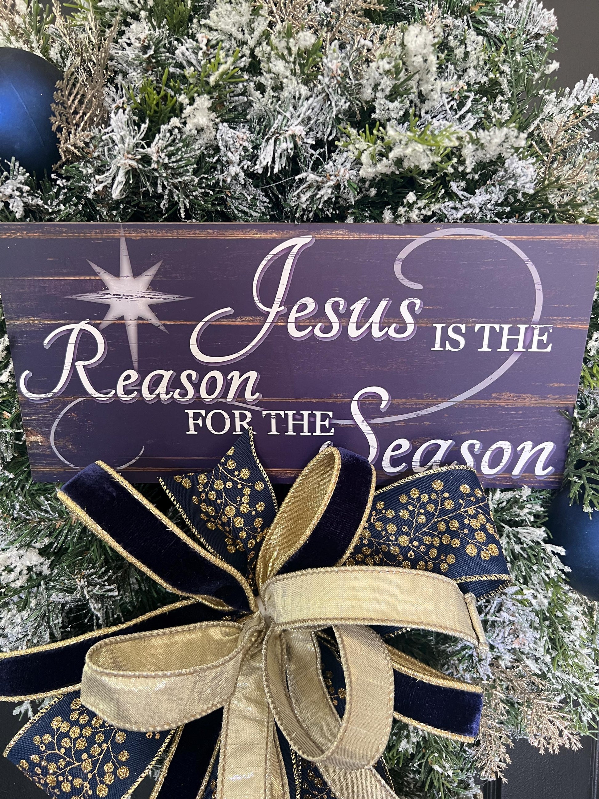 Christian Christmas Wreath, Jesus Is the Reason Wreath, Navy Gold Flocked Evergreen Door Decor, Religious Holiday Wreath