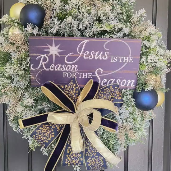 Christian Christmas Wreath, Jesus Is the Reason Wreath, Navy Gold Flocked Evergreen Door Decor, Religious Holiday Wreath
