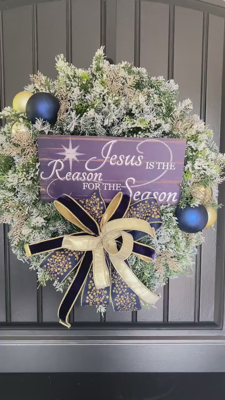 Christian Christmas Wreath, Jesus Is the Reason Wreath, Navy Gold Flocked Evergreen Door Decor, Religious Holiday Wreath
