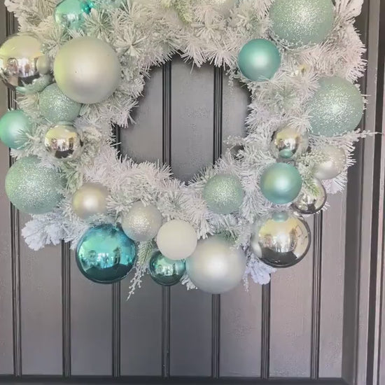 Teal Silver Frosted Christmas Wreath, Icy Blue Ornament Winter Door Decor