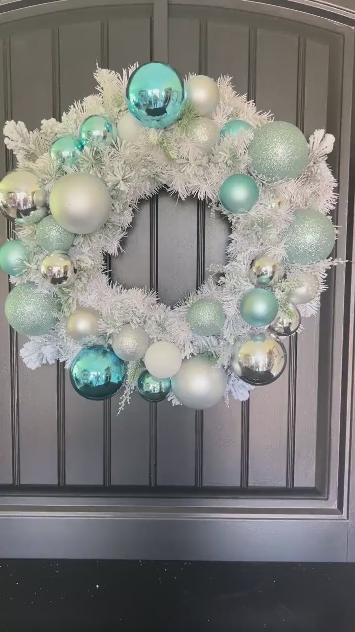 Teal Silver Frosted Christmas Wreath, Icy Blue Ornament Winter Door Decor