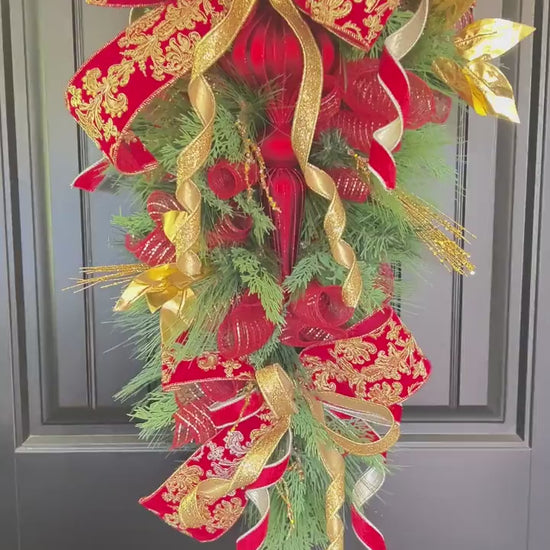 Luxury Red and Gold Christmas Swag, Large Finial Door Swag, Elegant Christmas Door Decoration