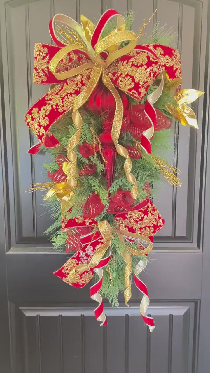 Luxury Red and Gold Christmas Swag, Large Finial Door Swag, Elegant Christmas Door Decoration